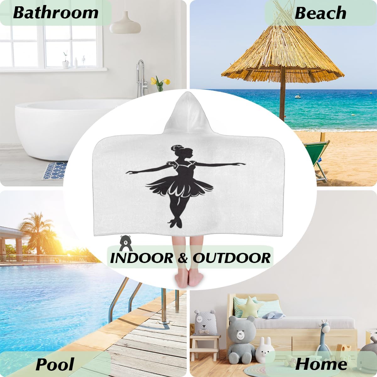 Kids Bath Towel Ballet Girl Pattern Beach Towel with Hood Pool Cover Up for Girls Boys Soft Absorbent Hooded Bath Towel Toddler Towels for Beach, Pool