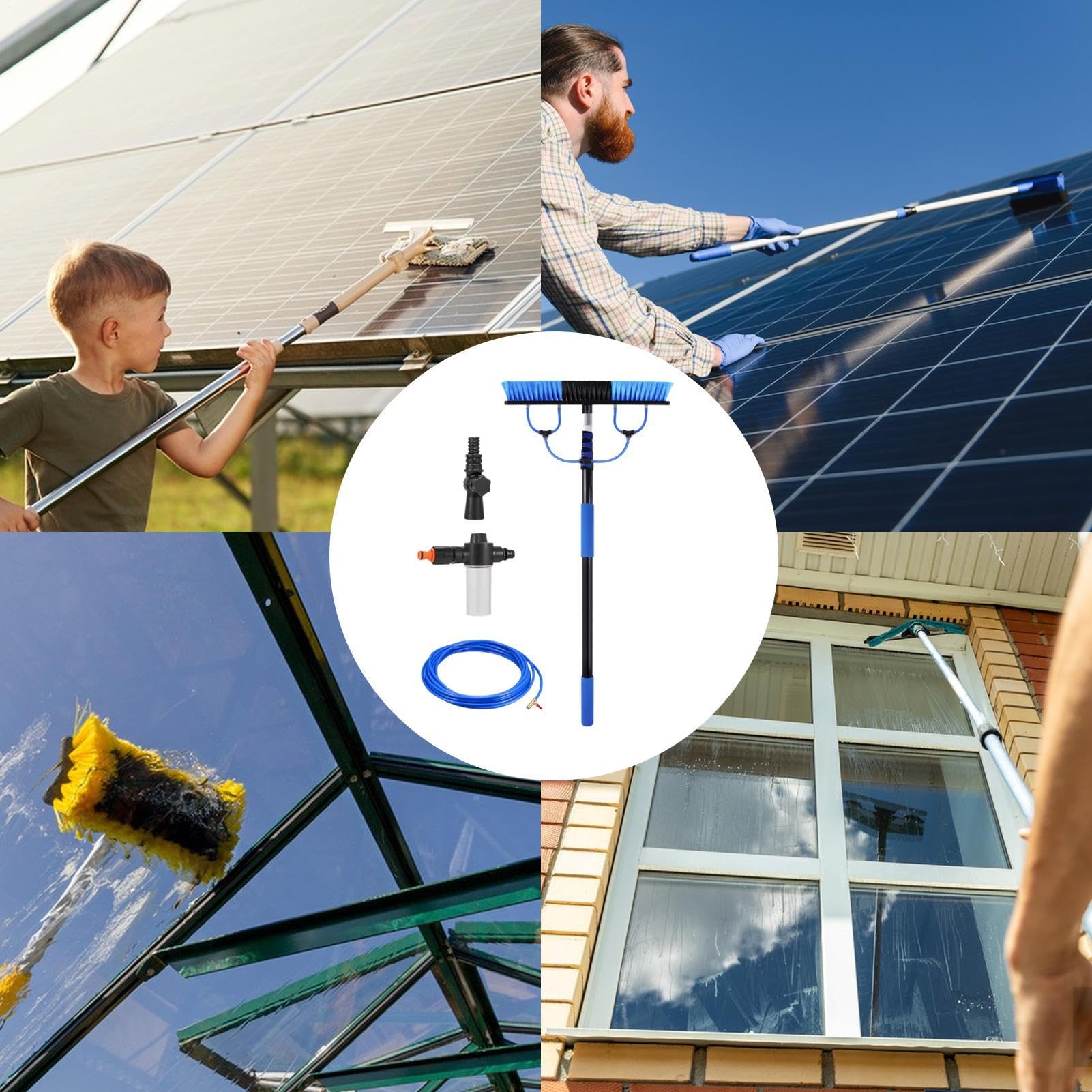 Generisch Spazzola solare telescopica, kit di pulizia per pannelli esterni, in lega di alluminio con dispenser di sapone, asta da 5 m, tubo da 10 m, perfetta per casa, tetto, vetro esterno e