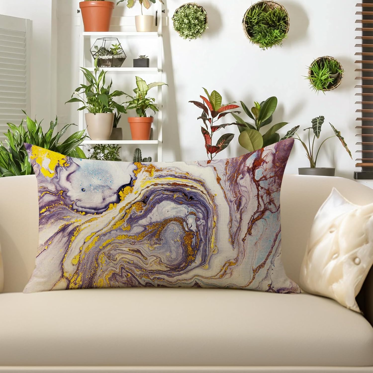 Gold Purple Marble Texture Lumbar Decorative Throw Pillow Cover 12 x 20, Rectangular Modern Abstract Fluid Art Outdoor Home Decor, Luxury Stone Artistic Sofa Couch Cushion Case Housewarming Gift image 4