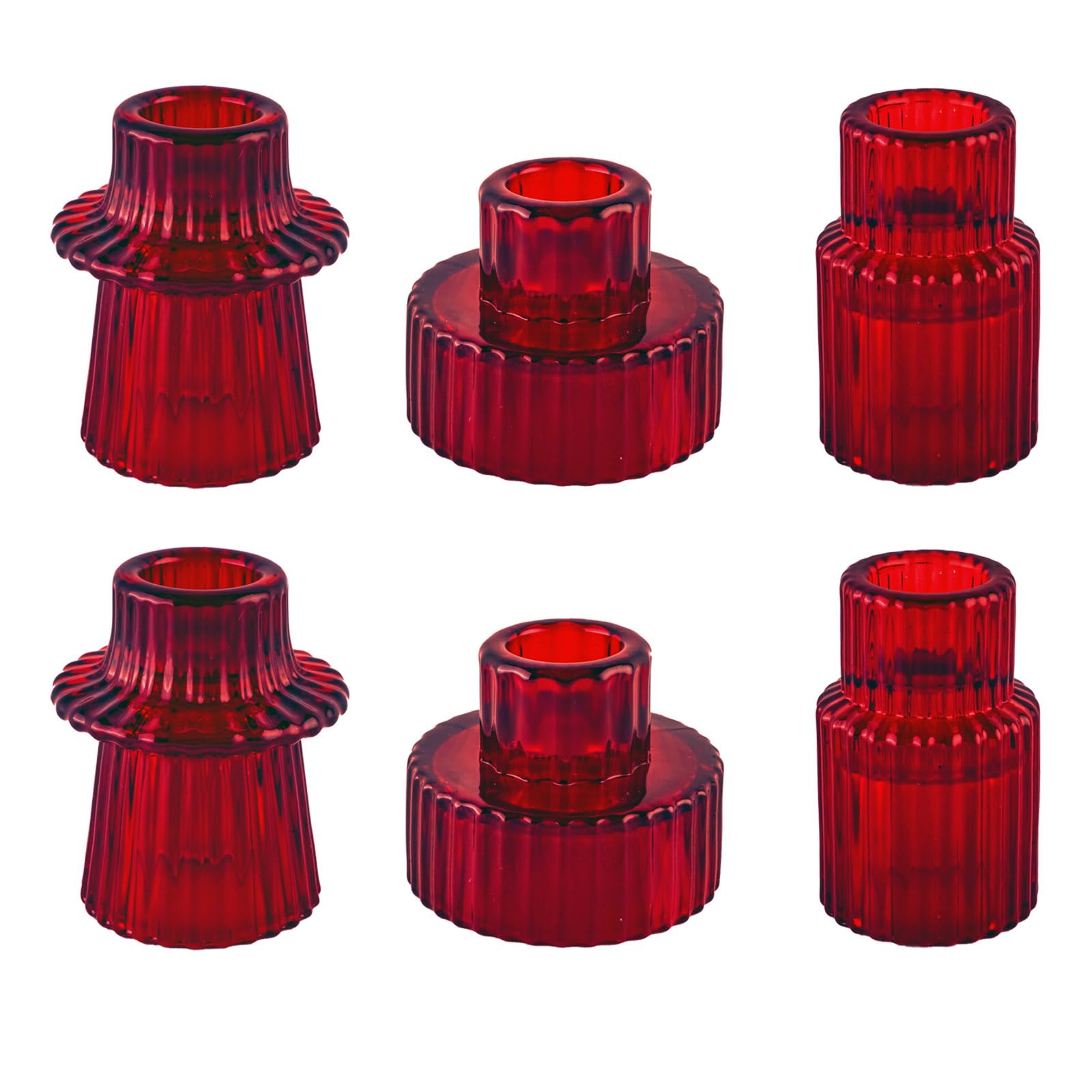 Double Sided Vintage Ribbed Taper Glass Candle Holders,Tea Candle Holder for Table Centerpieces, Wedding Decorations and Dinner Parties (Red, 6 PCS)