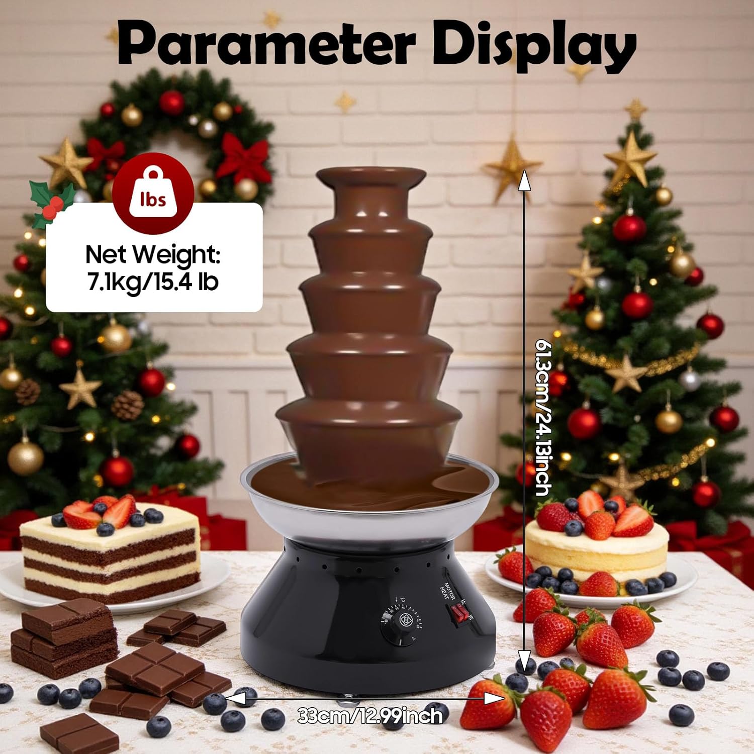 5 Tiers Commercial Chocolate Fountain, 230W Stainless Steel Hot Fondue Fountain Machine Fondue Chocolate with Cleaning Brush Capacity 7 Lbs for Celebrations, Christmas Event