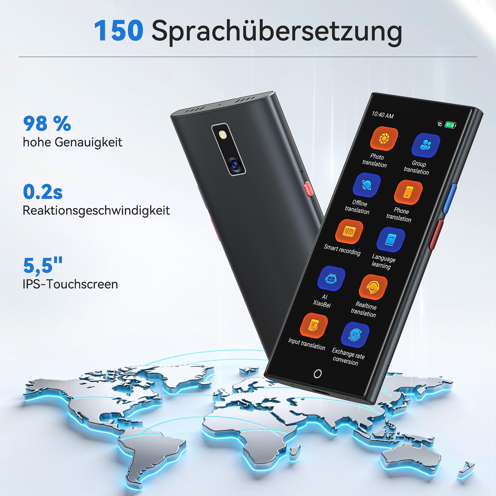 Sprachübersetzer Gerät, 150 Sprachen AI Online Offline Übersetzung, 5,5" HD Bildschirm