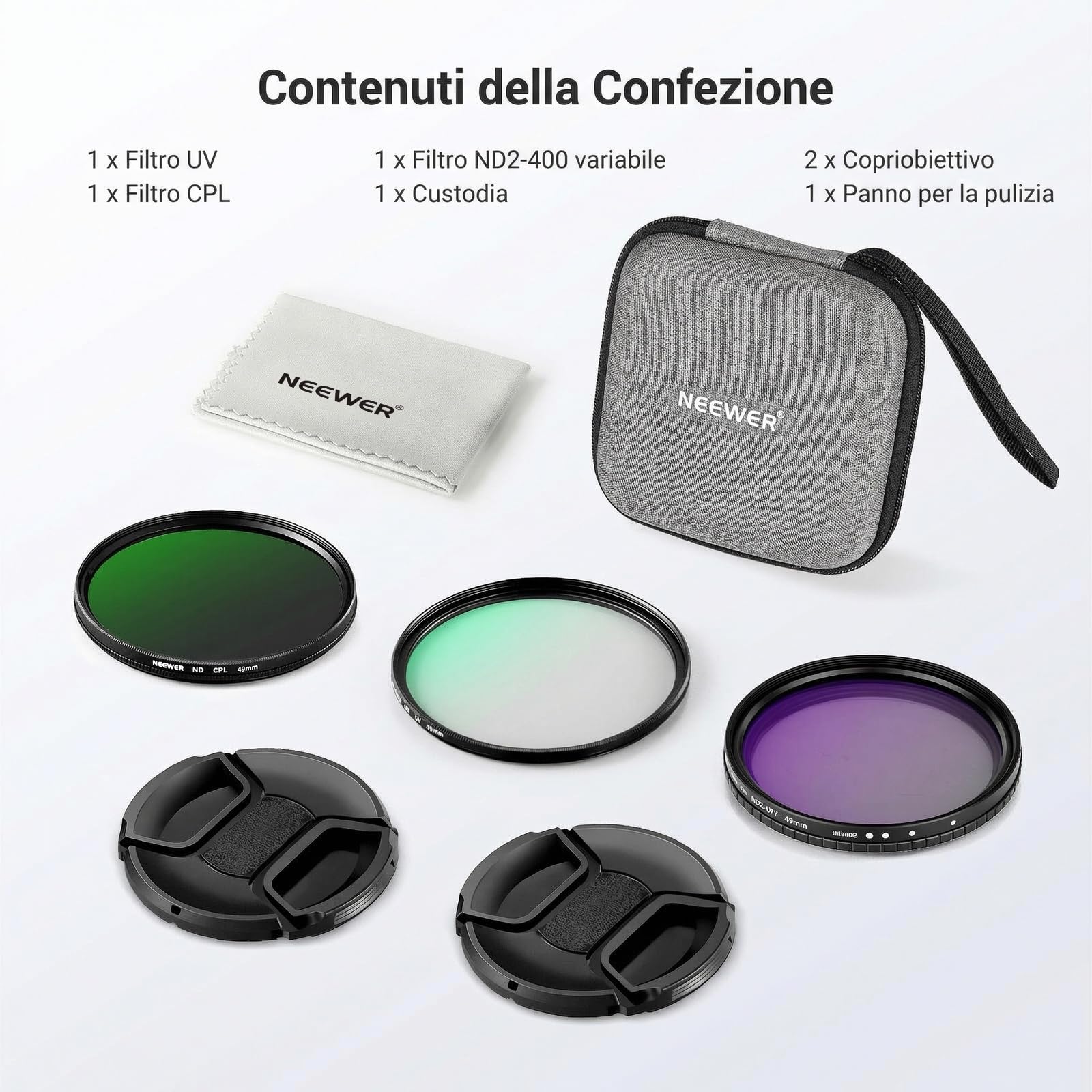 NEEWER 49mm Kit Filtro ND Variabile+CPL+UV (3pz), Filtri a Densità Neutra (ND2-400) Polarizzatore Circolare Multistrato per Lente Fotocamera, Set Accessori per Fotografia con Custodia e Copriobiettivo