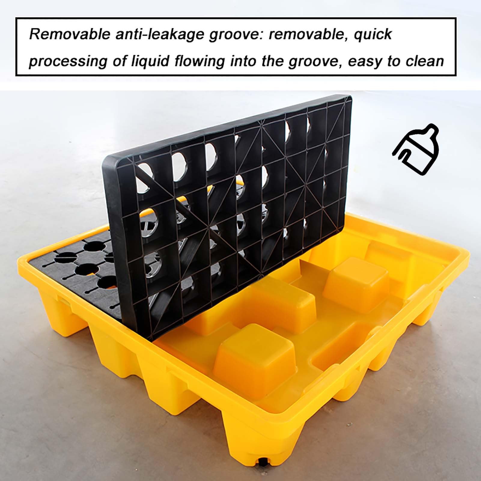 Pallet industriale per deposito di liquidi e fusti di olio - Piattaforma a prova di perdite con porta di scarico, accesso per carrello elevatore resistente, griglia rimovibile per laboratorio e