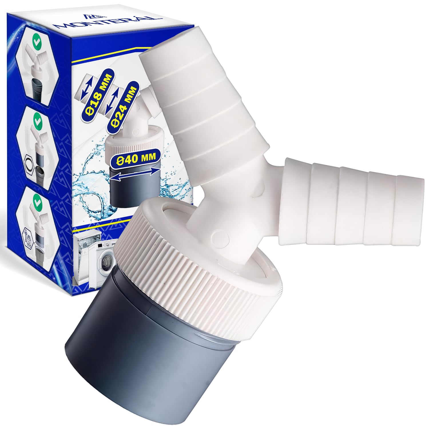 Presa Di Scarico Semplice Per Lavatrice, Lavastoviglie E Asciugatrice - Diametro 40 Mm (1 1/2 Pollice) - Con Inclinazione Anti-Riflusso - 3