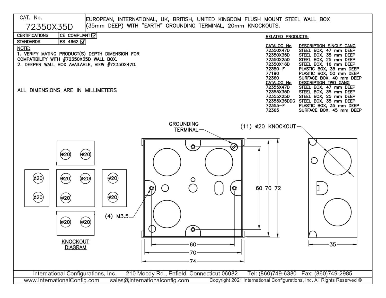 European, British, International Flush Mount Steel Electrical Wall Box ($6.90 Each - Sold in 10 Pack), 35mm deep with Earth Grounding Terminals, 20mm knockouts.