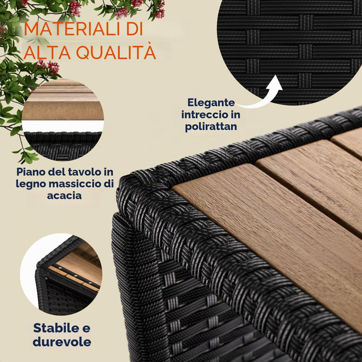 Casaria Tavolino da Esterno in Legno Polyrattan Acacia 45x45x40cm Carico Max 80kg