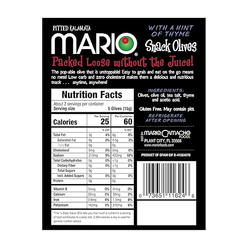 Miniatura 2 de Mario Camacho Alimentos Aceitunas sin hueso, aceituna Kalamata con un toque de tomillo, 1,05 oz (paquete de 12 unidades)