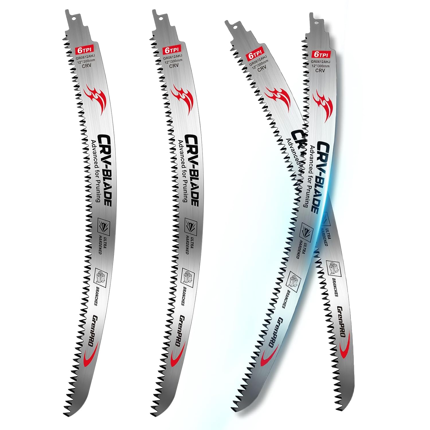 GRENPRO 12 Inch Japanese Teeth Reciprocating Saw Blades 4 Pcs, 6TPI Arc Edge Sawzall Pruning Blades for Wood & Tree Trimming
