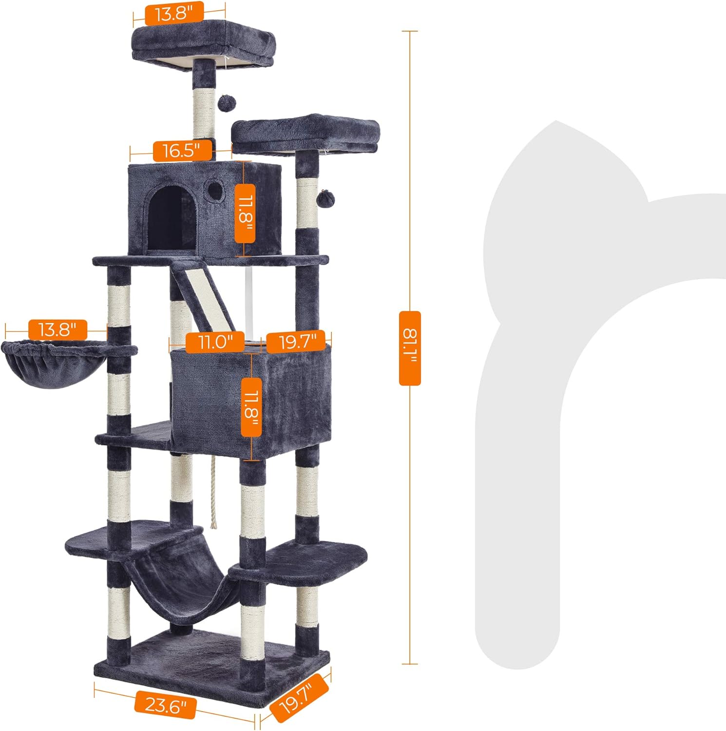 FEANDREA Cat Tree, XL Cat Tower, 81.1-Inch Tall Cat Condo with Hammock, Basket, Scratching Posts, 2 Cat Caves, 2 Plush Perches, Cat Activity Center, Smoky Gray UPCT190G01 : Pet Supplies