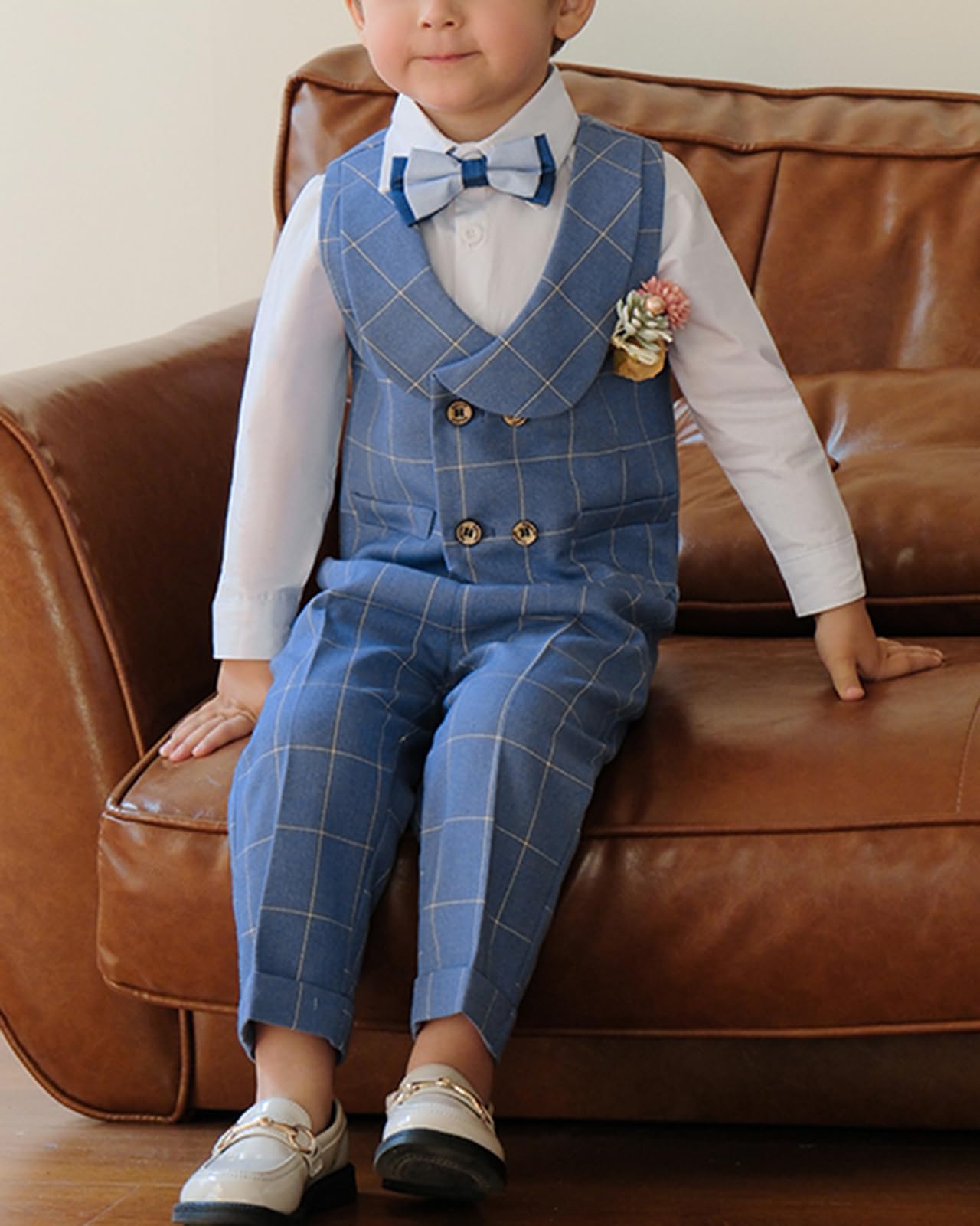 Traje de Caballero para Bebés Niños Conjunto de Ceremonia Niño Set de Camisa + Pantalón/Pantalones Cortos + Chaleco + Pajarita + Broche de Flore 5 Piezas