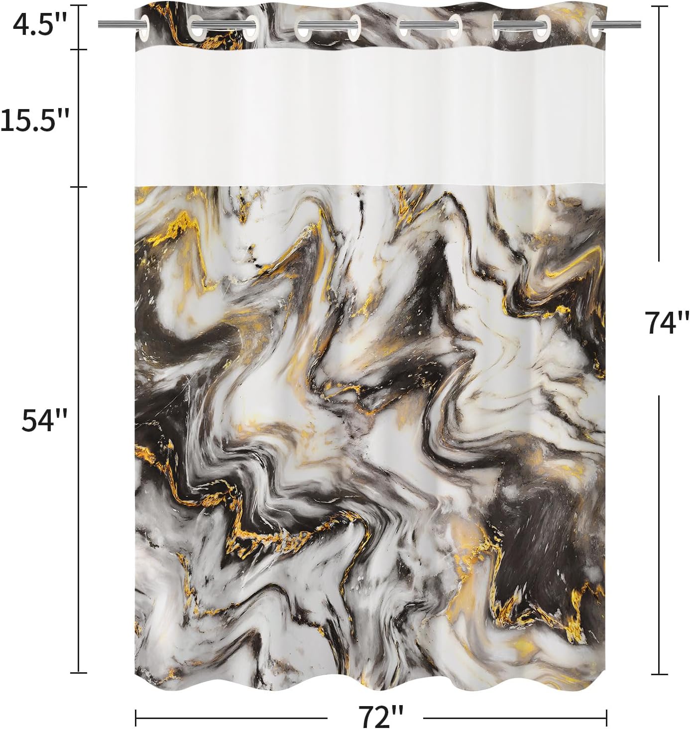 MitoVilla No Hooks Needed Marble Shower Curtain Set with Snap-in Liner, Modern Abstract Curtains for Luxury Hotel Grade Spa-Like Bathroom Decor, Black Gold, 72 x 74 74.00'' x 72.00''