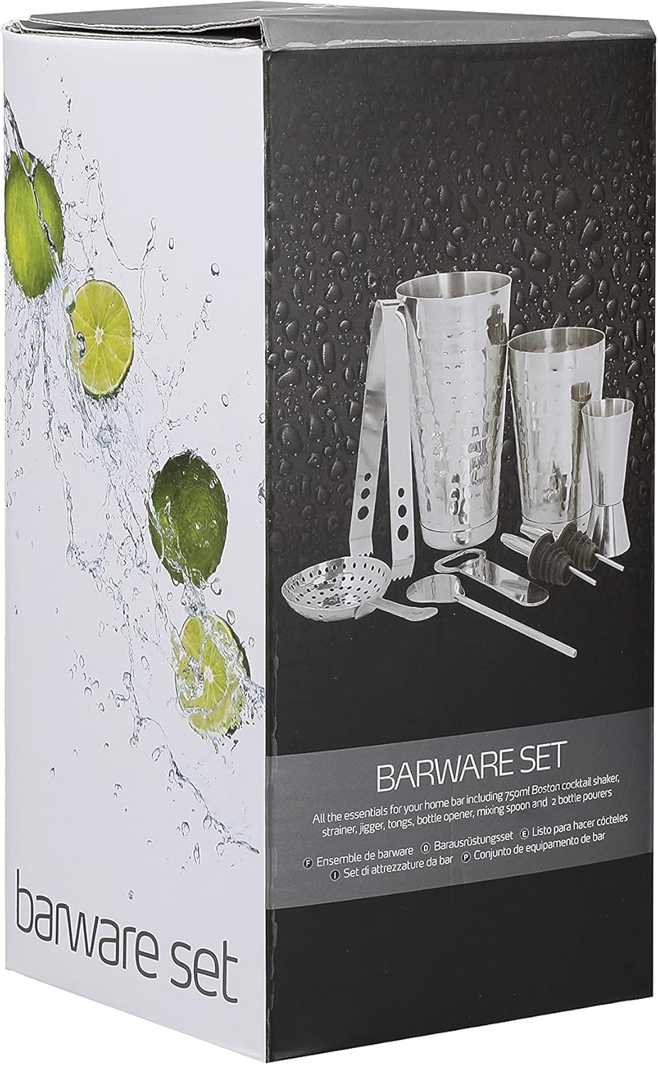 BarCraft 8-Piece Cocktail Set, Silver, in Gift Box, Includes Cocktail Shaker, Jigger, Tongs, Mixing Spoon, Bottle Opener and 2 Bottle Pourers, Stainless Steel