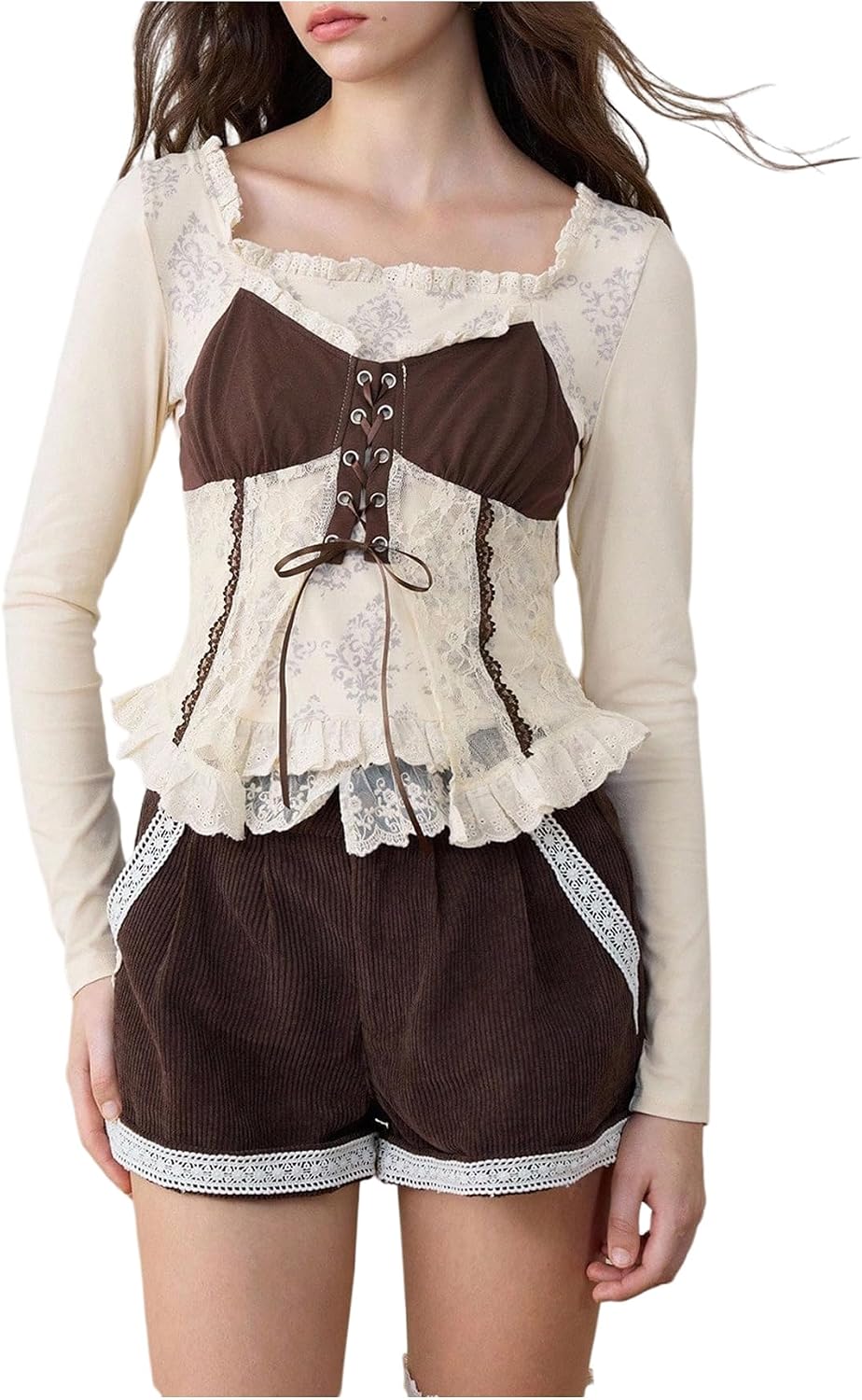 SweatyRocks Women's Lace Cutecore Long Sleeve T Shirts Y2k Renaissance Costume Ruffle Trim Lace Up Corset Rodeo Tops