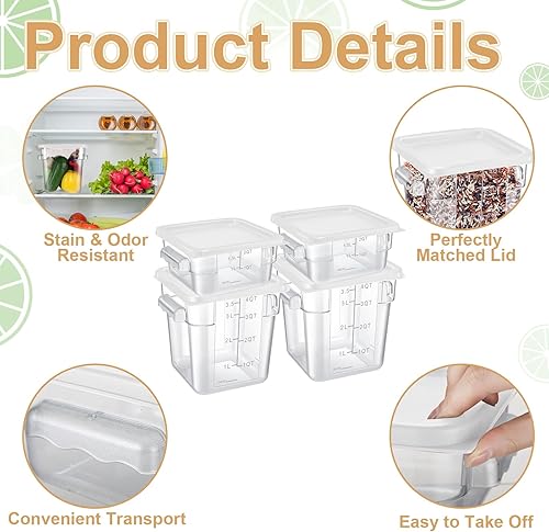 Miniatura 3 de Barydat Juego de 4 recipientes de almacenamiento de alimentos con tapas, 2 cuartos y 4 cuartos de galón, cuadrados transparentes con asas de