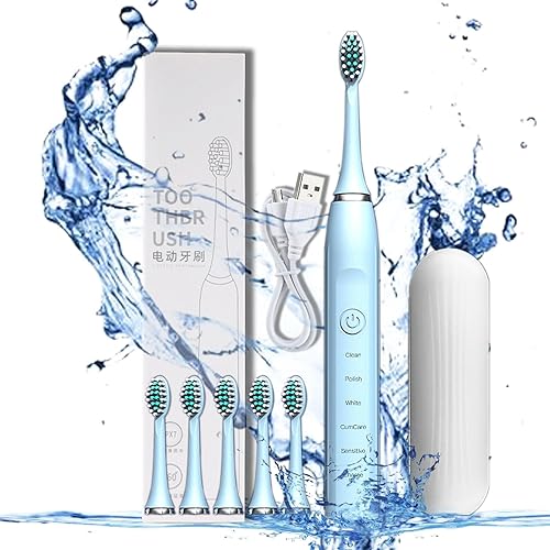 STFINE Cepillo de dientes eléctrico con 6 cabezales de cepillo, con caja de cepillo de dientes, 5 modos de limpieza, temporizador inteligente de 20