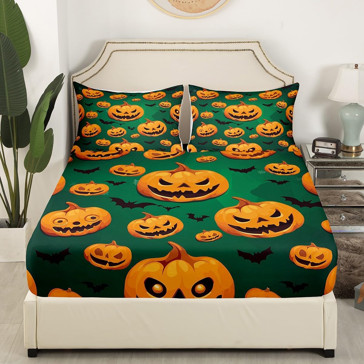 Erosebridal Halloween Sheets Cartoon Pumpkin Lantern Bed Sheets Halloween Pumpkin Decorations, Gothic Pumpkin Lights Fitted Sheet Full Size Spooky Bat Halloween Decorations Indoor, No Top Sheet