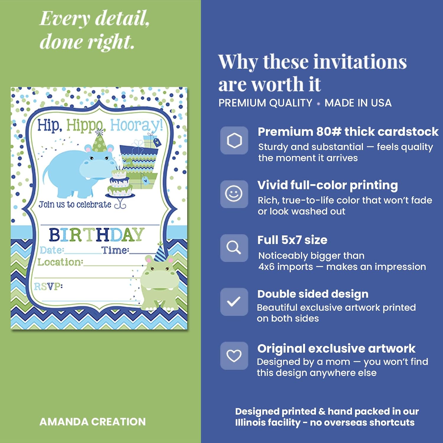 Hip Hippo Hooray Hippopotamus Themed Birthday Party Invitations for Boys, 20 5x7 Fill In Cards with Twenty White Envelopes by AmandaCreation