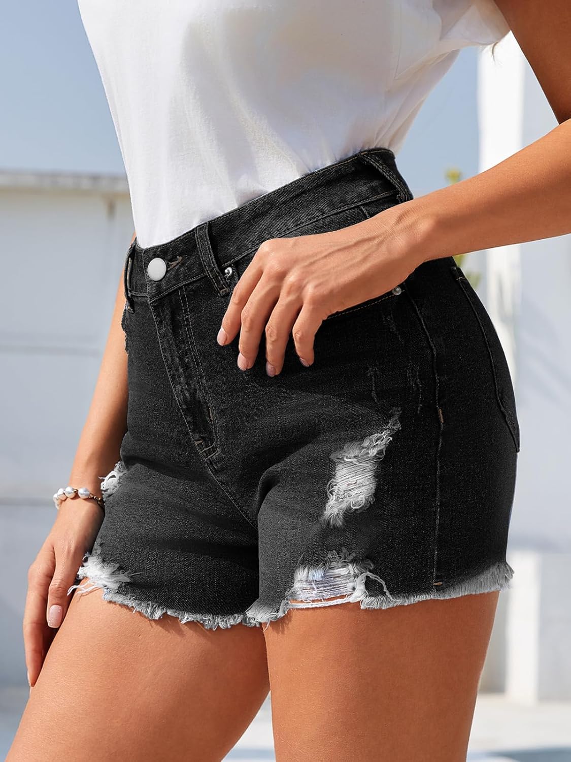 Jean Shorts for Women Casual Mid-Waisted Distressed Stretchy Denim Short Ripped Frayed Hem Summer Jorts - Image 4