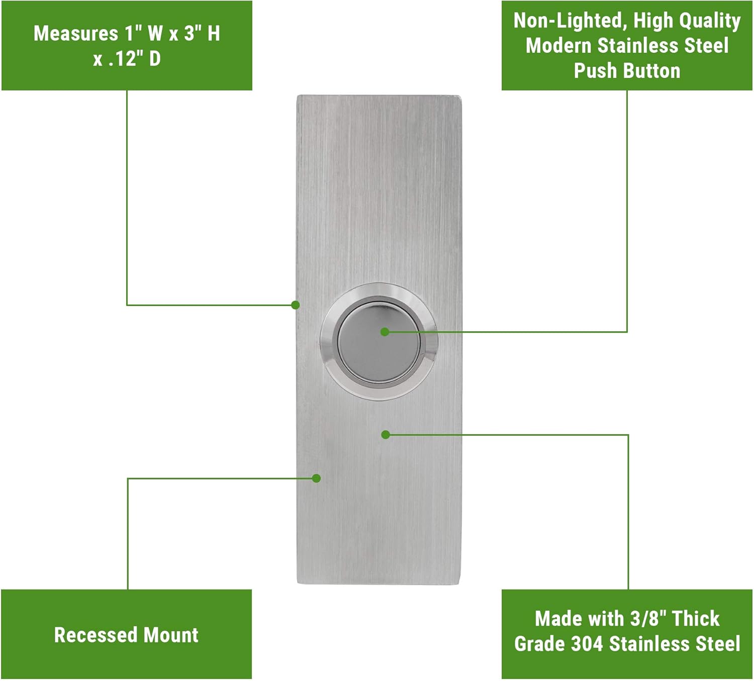 Waterwood Small Rectangle Doorbell in Silver 1/8" Thick Grade 304 Stainless Steel - Adhesive Mount/Rust Proof - 1" W x 3" H x 0.19" D