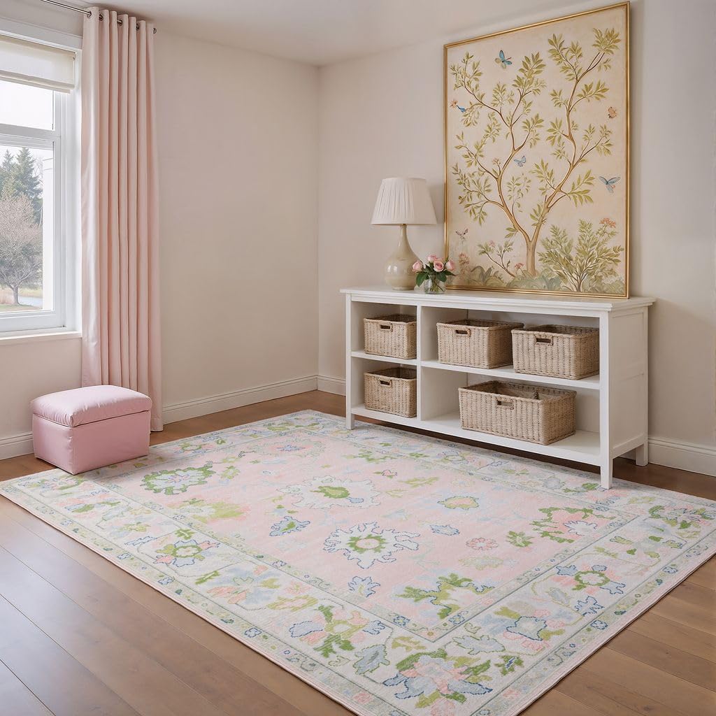 Oriental Weavers Addison ADD04 - Machine Washable - Flat Weave - Printed Area Rug - 3'3" x 5' - in Pink/Green - Traditional Style, Nursery, Kids Room, Bedroom, Entryway