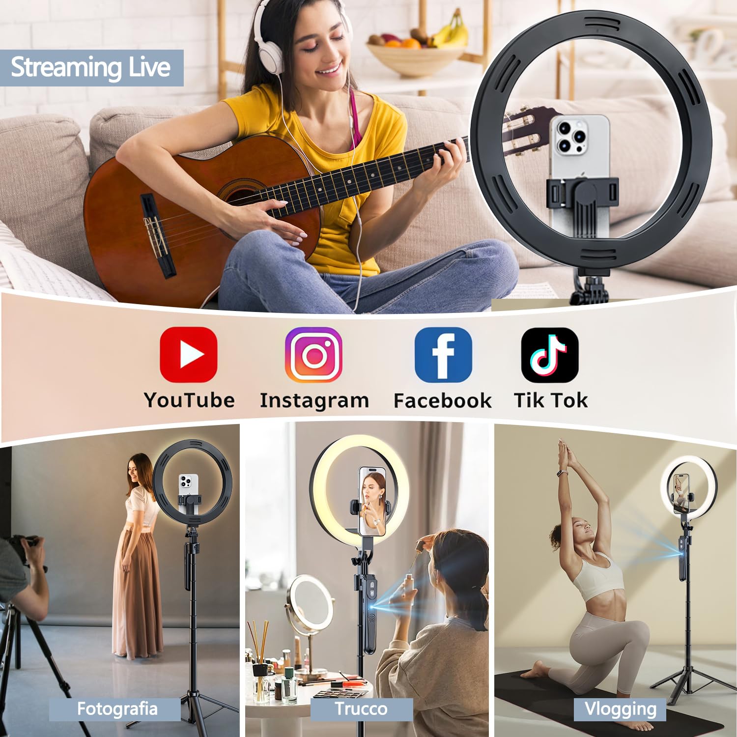 yAyusi Treppiede Rotazione a 360° per Rilevamento Automatico del Volto con Luce ad Anello,180CM Selfie Stick Treppiede con Telecomando,Treppiedes Telefono con Sensore per Streaming Live/Vlog