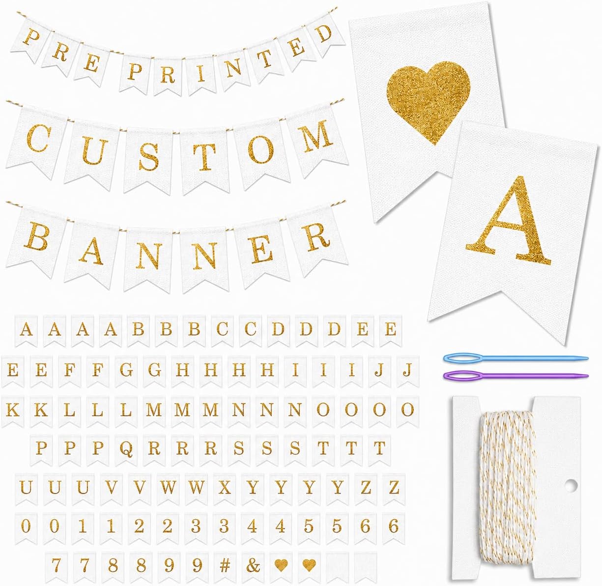 Pre-Printed Banner Kit โ 97 White CANVAS Flags with GOLD Letters, Numbers & Symbols, Reusable DIY Custom Banner, Make Your Own Personalized Party Banner, Faux Burlap, Includes Twine & 2 Needles