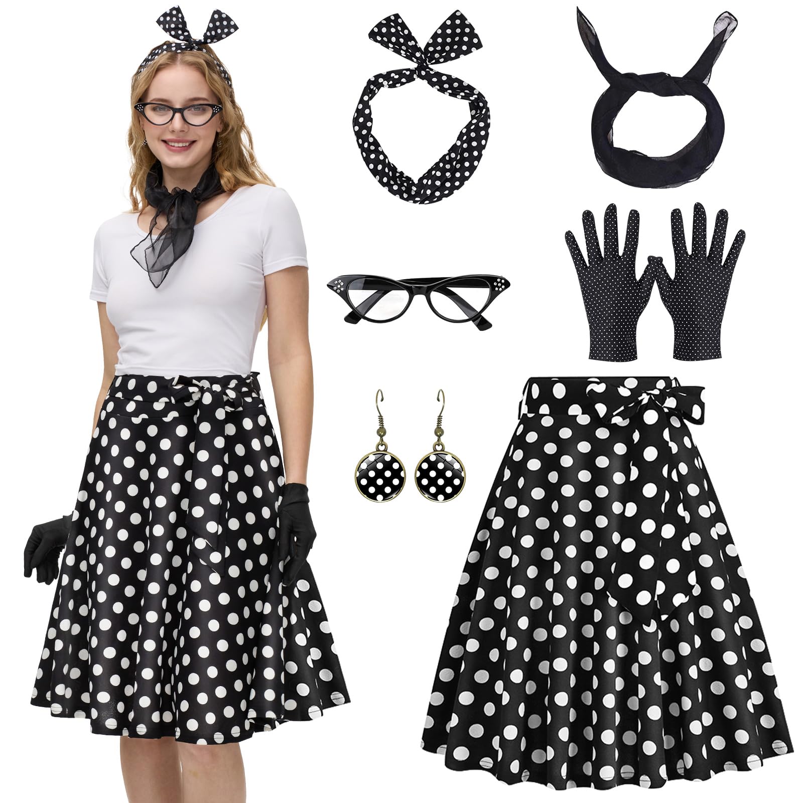 Aragallant Disfraz Años 50 Mujer, Disfraz Grease Mujer, 50 Costume Accessories Set con Bandana, Pendientes, Bufanda, Gafas de Ojo de Gato, Guantes, Rockabilly Años 50 para Carnaval Cosplay