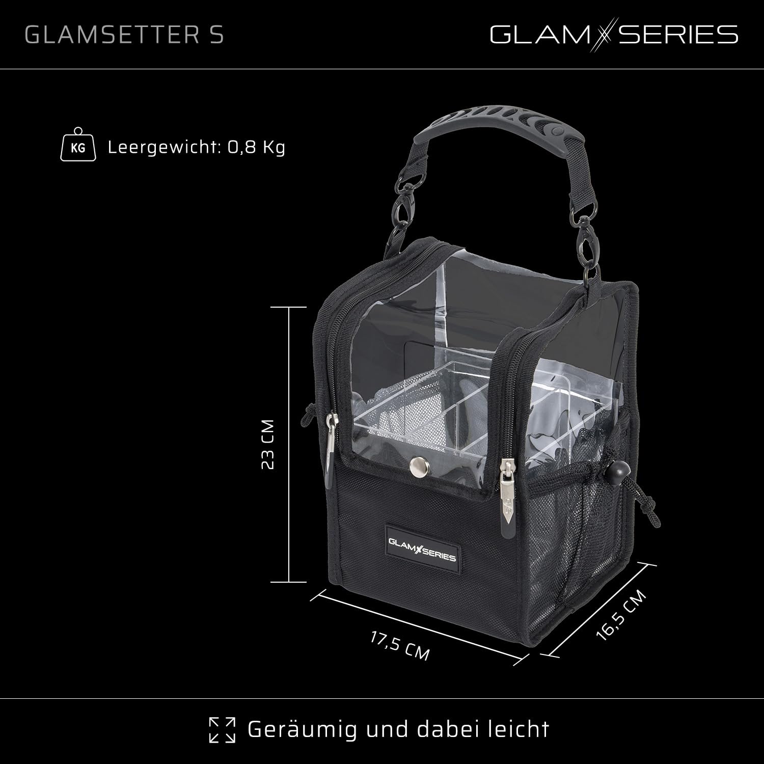 GlamSetter S Kosmetiktasche 175 x 165 x 230 mm, transparenter Make up Organizer mit flexiblen Trageoptionen