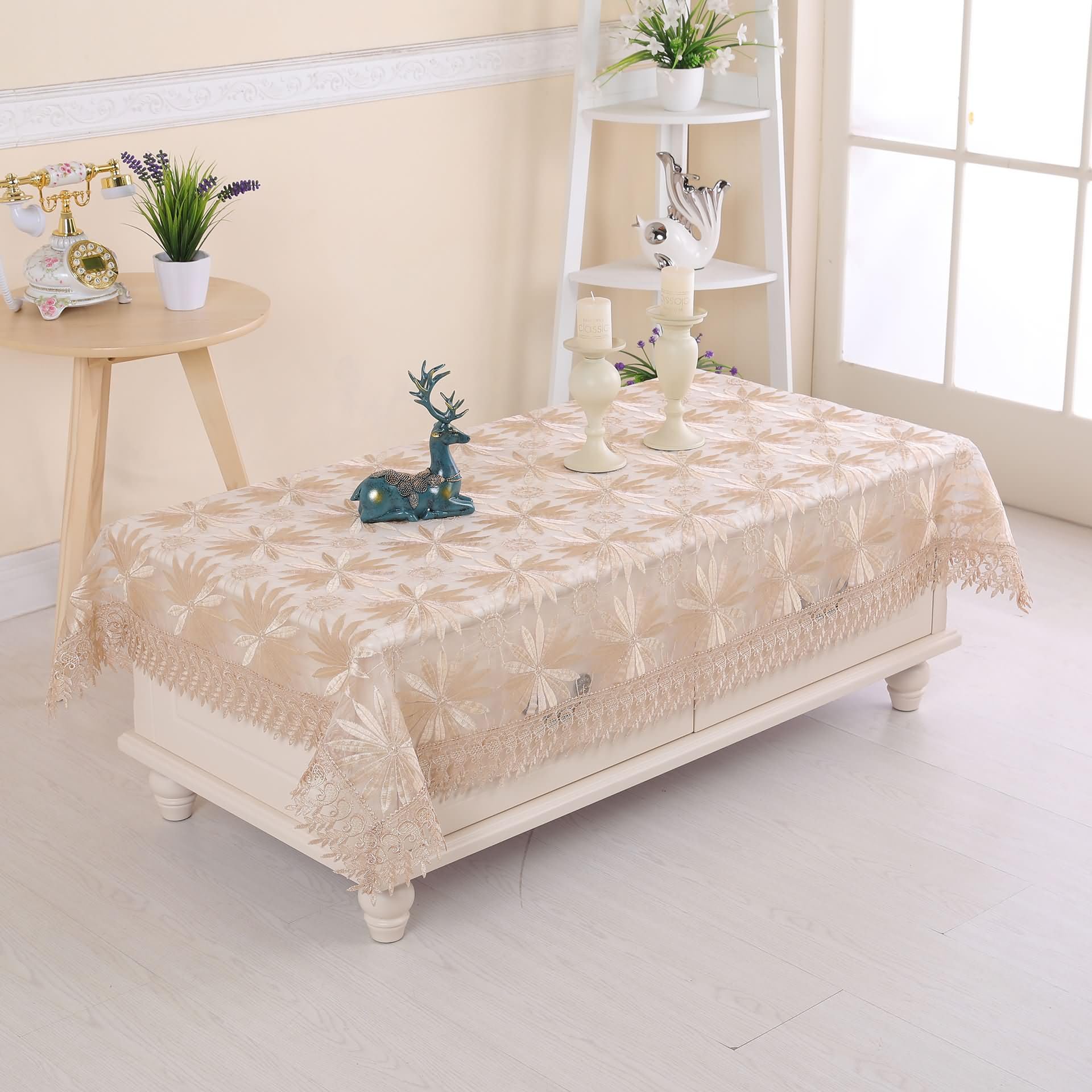 Mantel Antimanchas y Lavable Rectangular Caqui Mesa, Bordado de Flores, de Poliéster Fácil de Limpiar, 110 x 160 cm, Mantel para Patio