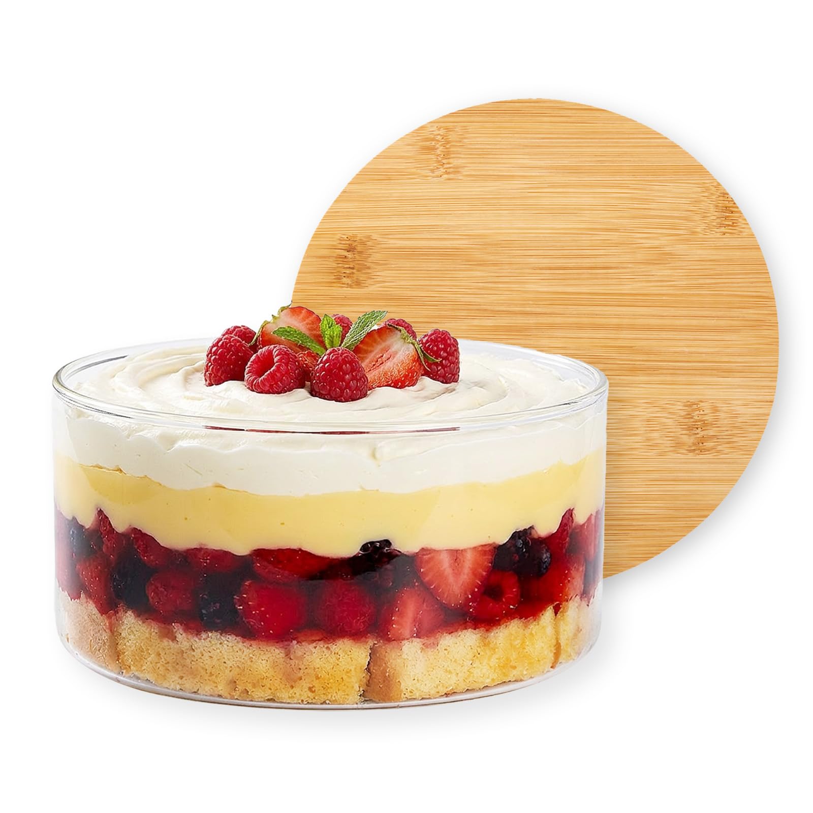 GRANDWISH 3L Large Glass Trifle Bowl with Lid, Modern Design Clear Glass Round Dessert Centerpiece Serving Bowl for Laying Ice Cream Cakes, Salad, Fruit, Microwave & Dishwasher Safe