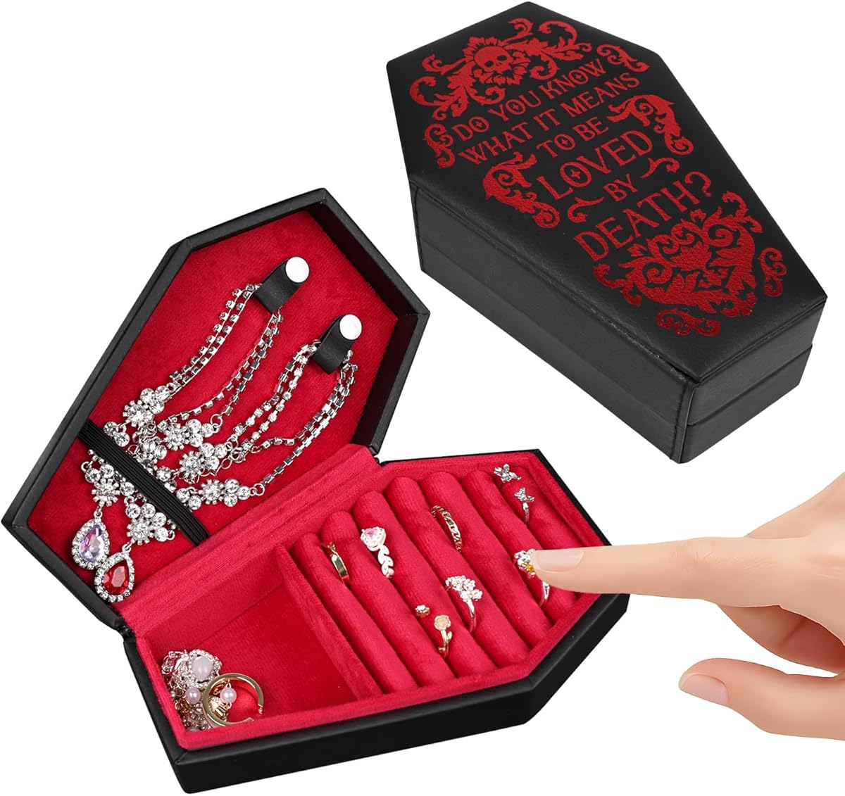 Gothic Velvet Coffin Jewelry Box, Travel Case Versatile Organizer for Rings, Necklaces, Earrings (Black)