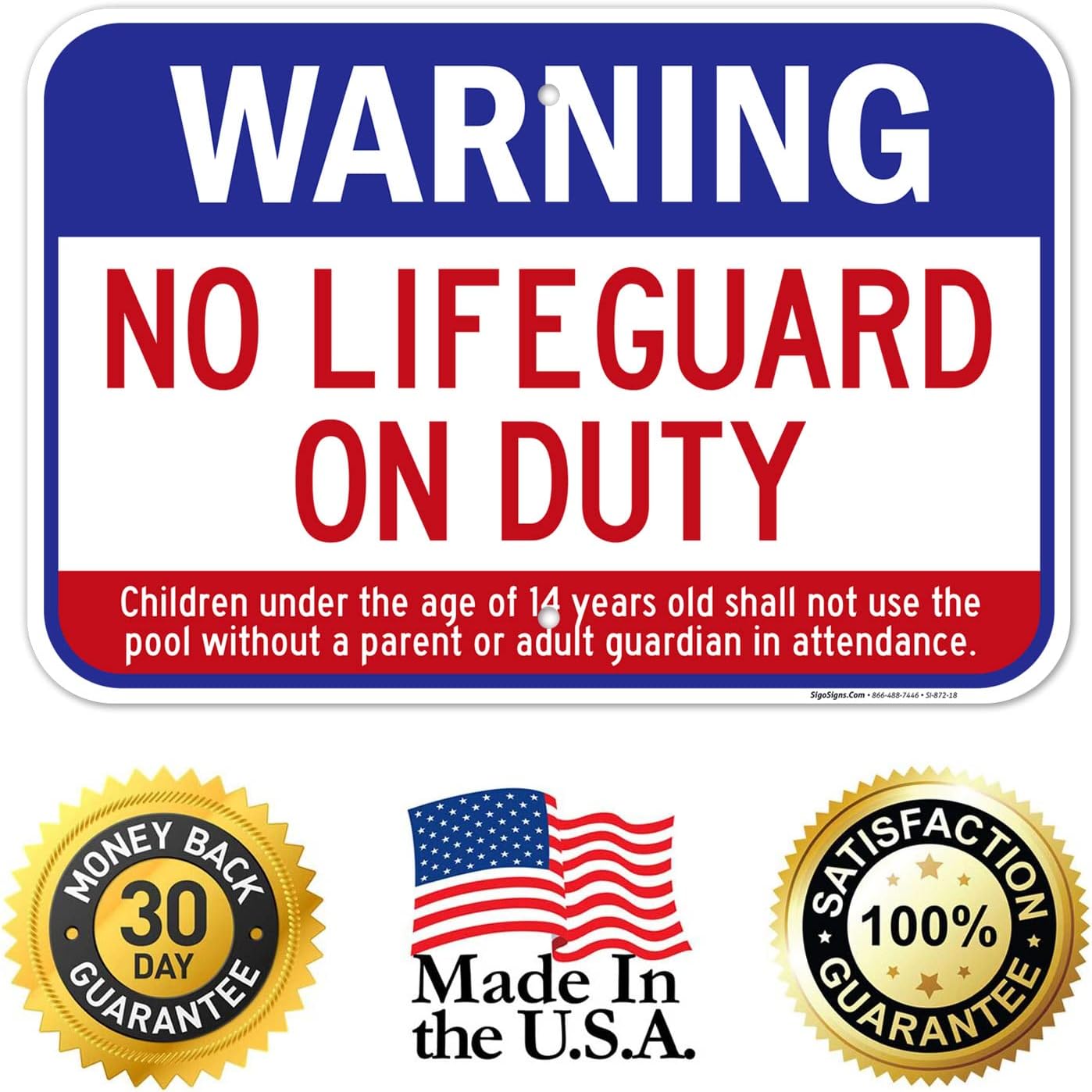Swimming Pool Warning Sign - No Lifeguard On Duty, 12x18 Inches, Rust Free .063 Aluminum, Fade Resistant, Made in USA