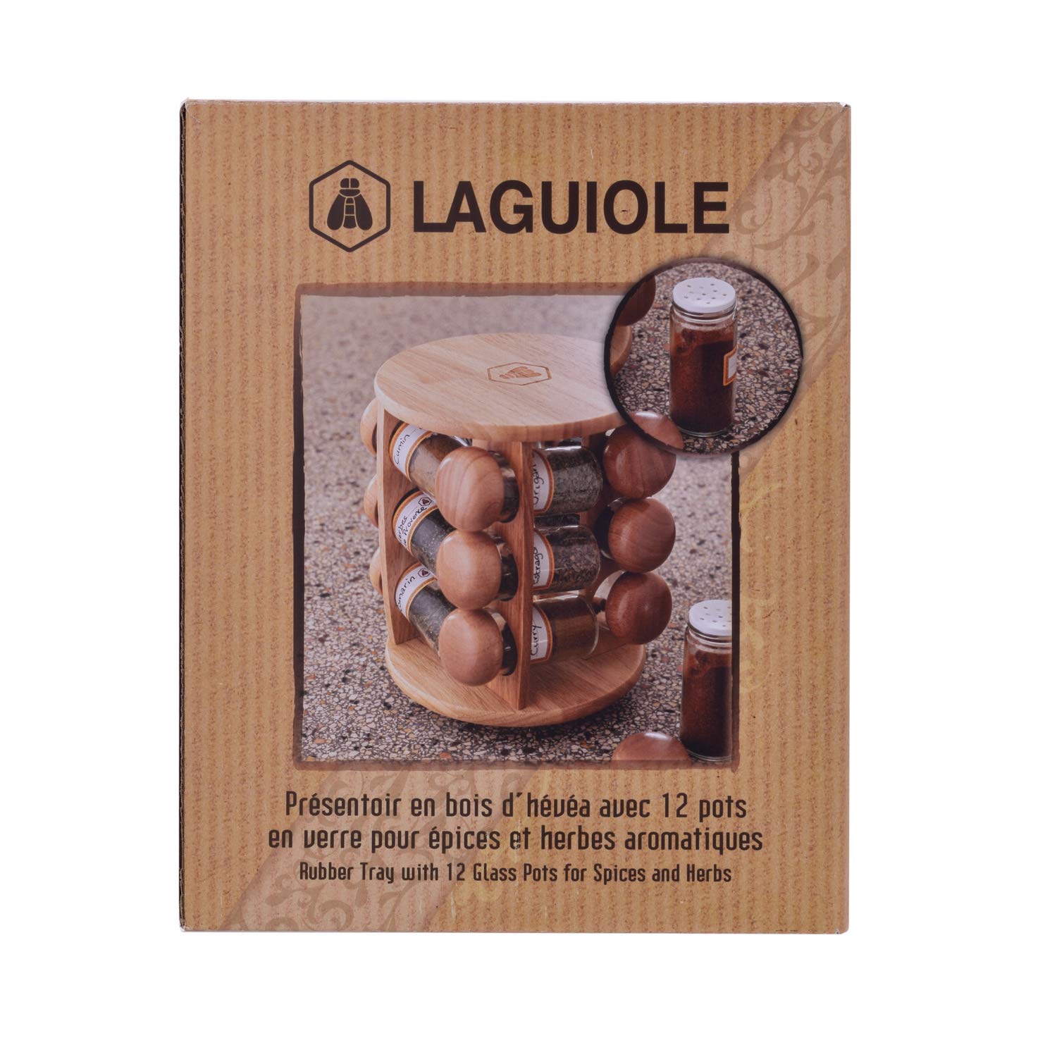 LAGUIOLE - Distributeur d'Epices - Etagère de 12 Pots en Verre- RangementsTransparents à Herbes - Couvercle Bois - 10 cl