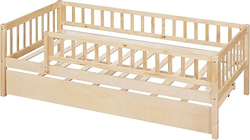 Miniatura 7 de Sofá cama individual con nido, marco de cama infantil de madera tamaño individual con valla, cama nido individual para niñas, niños, cama de