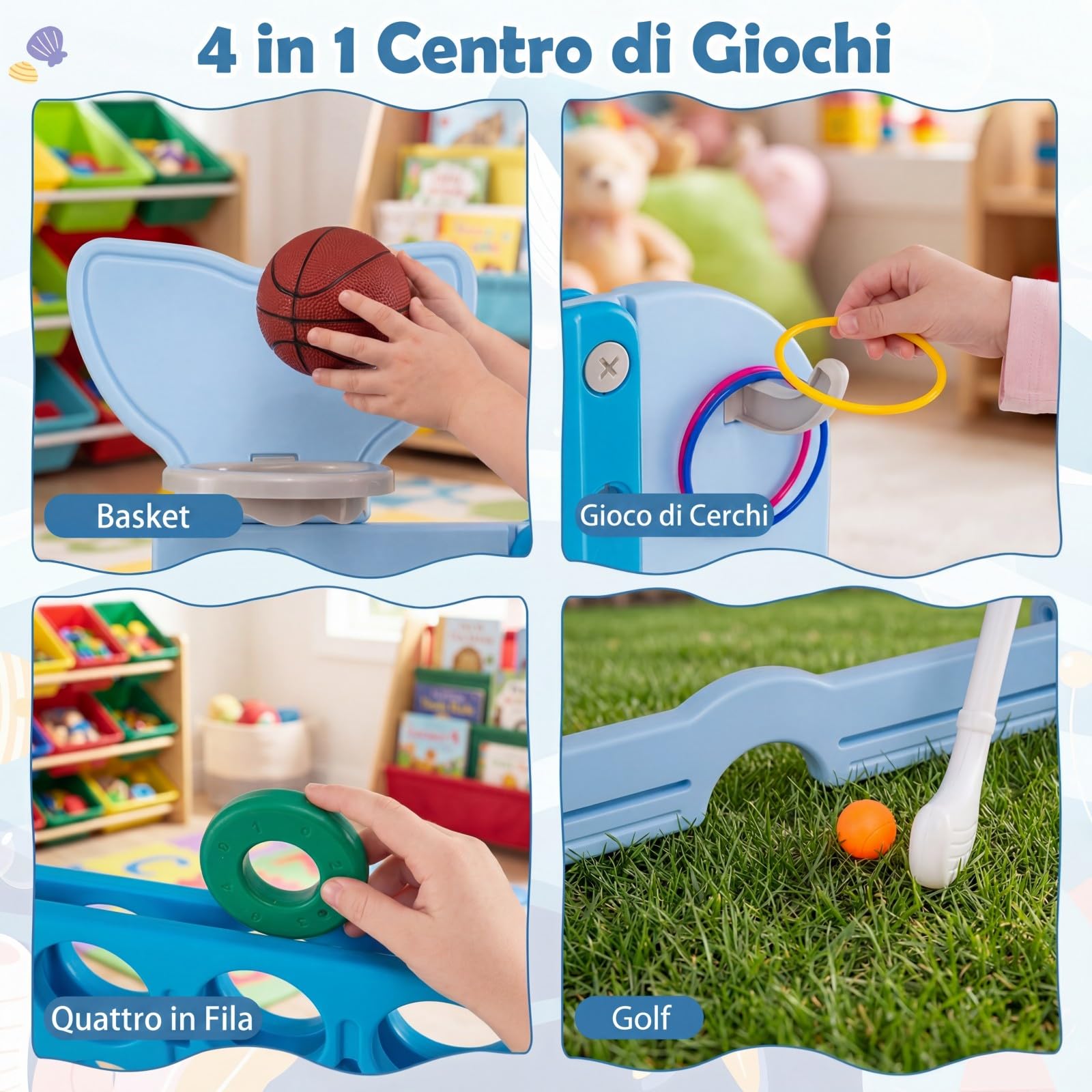 COSTWAY Forza 4 Gigante, Gioco 4 in Linea per Bambini con Altezza Regolabile, 42 Pedine, Palla da Basket, 2 Palline da Golf, Mazza da Golf, 3 Anelli e 2 Portabicchieri (Azzurro)