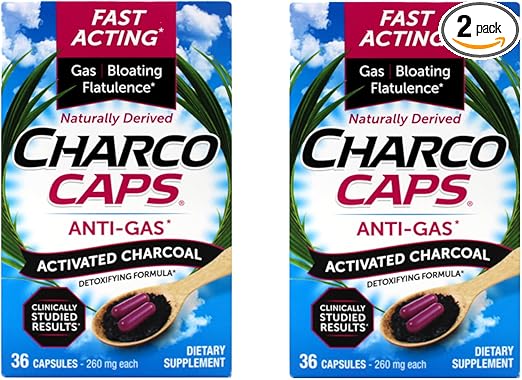 Anti-Gas – Fast-Acting Activated Charcoal Detoxifying Formula, Naturally Derived, Relief for Gas, Bloating, and Flatulence, 36 Capsules, 260 mg Each (Pack of 2)