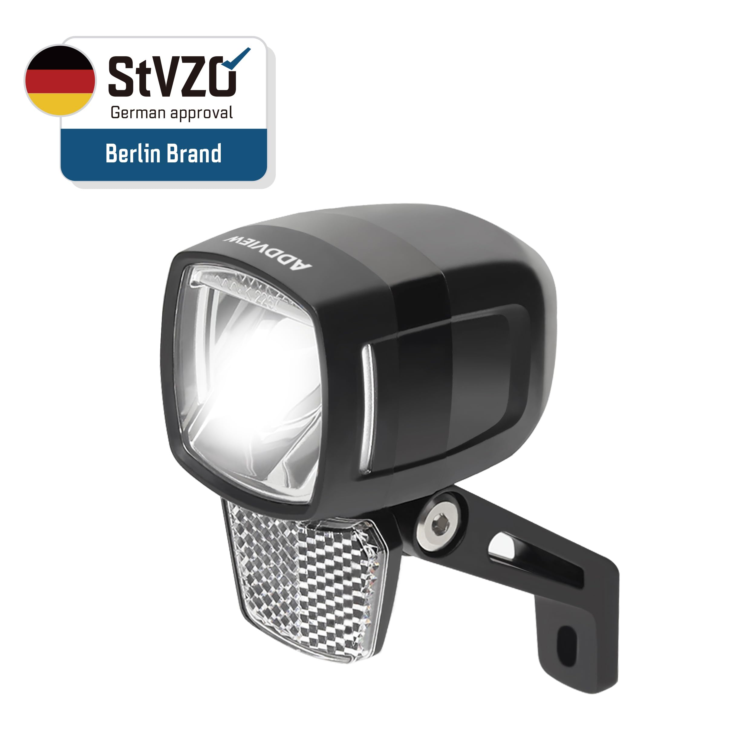 ADDVIEW E120 Feu avant pour vélo électrique Marteau E120 – Lampe de vélo LED homologuée StVZO & ECE en aluminium/ABS, étanche, DC 6–48 V, visibilité latérale, pour vélos électriques et pedelecs