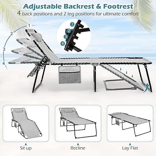 Miniatura 6 de Giantex Silla de descanso para exteriores, silla de bronceado plegable con 4 posiciones ajustables, reposacabezas extraíble, reposapiés, bolsillo
