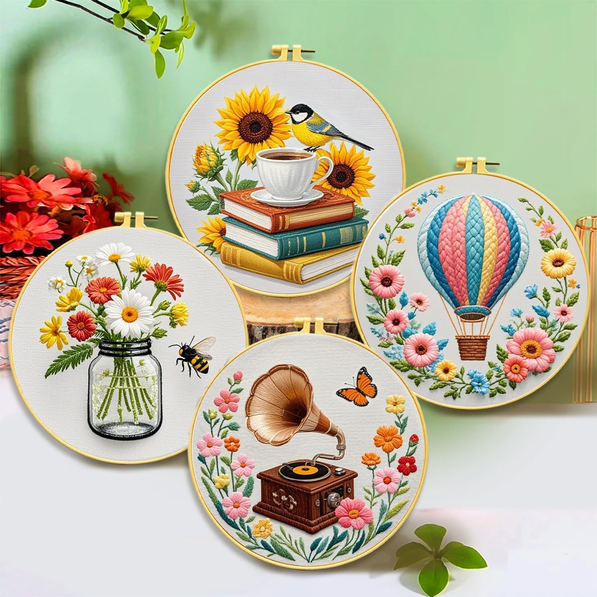 Zhenqing 4-Piece Embroidery Kit for Beginners - Complete Set with Pre-Printed 29x29cm Cotton Fabric, Hoop, Threads & Tools (Books, Hot Air Balloon, Wildflowers, Gramophone Designs)(C0159)