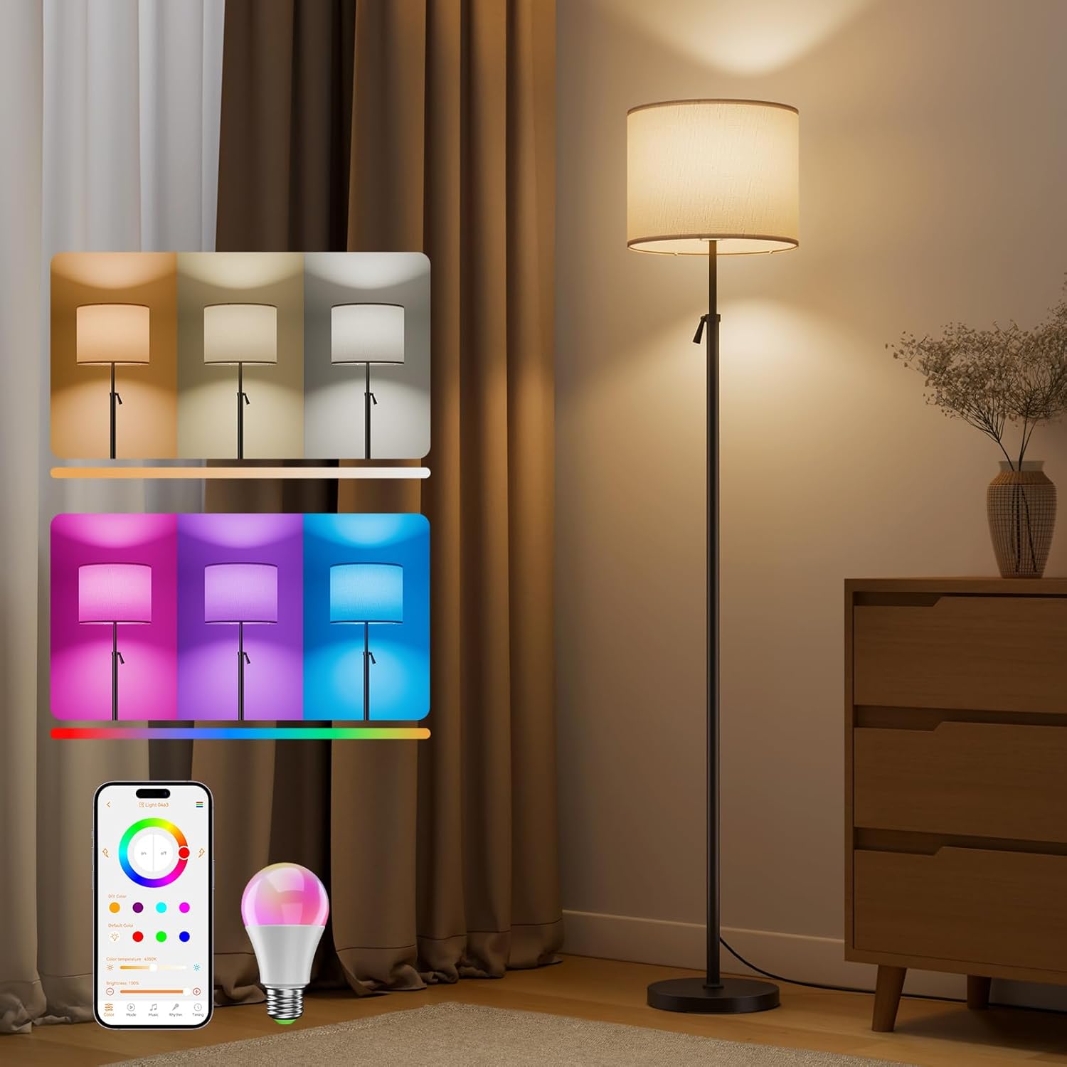 Smart Floor Lamp, Adjustable Height Standing Light with RGBCW Color Changing Bulb, Compatible with Alexa, Siri, Voice & App Control, Tall Lamp for Living Room, Bedroom, Office, Corner, Black