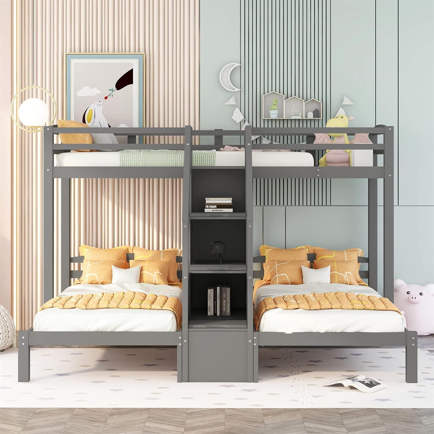 Bellemave Triple Bunk Beds with Stairs Wood Twin Over Two Twin Bunk Bed with Storage Drawers & Shelves L-Shape 3 Beds Bunked for Three Kids Boys Girls Teens & Pre-Teen, Gray
