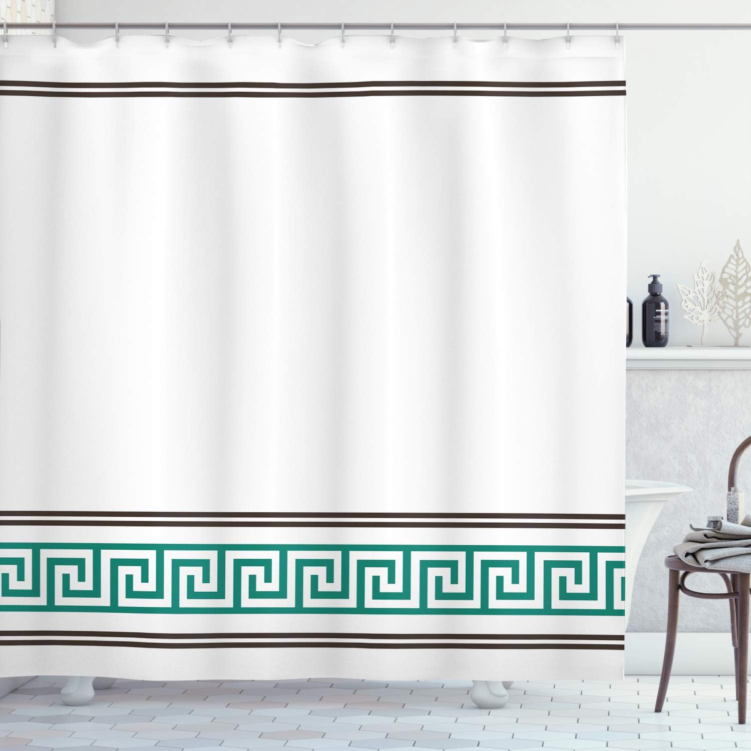 Ambesonne Abstract Shower Curtain, Simplistic Classic Greek Inspired Pattern in Monochrome Design, Cloth Fabric Bathroom Decor Set with Hooks, 69" W x 75" L, Black White and Teal