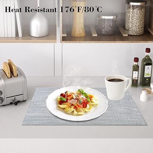 Miniatura 3 de Juego de 6 manteles individuales resistentes al calor para mesa de comedor, manteles individuales de vinilo tejido, fáciles de limpiar, lavables, 18