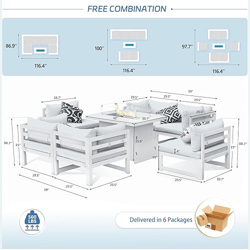 Miniatura 790 de NICESOUL 7 Piece White Powder-Coated Aluminum Patio Furniture with Fire Pit Table, 29 Inch Extra Wide Outdoor Sectional Sofa for 6, High-End Heavy