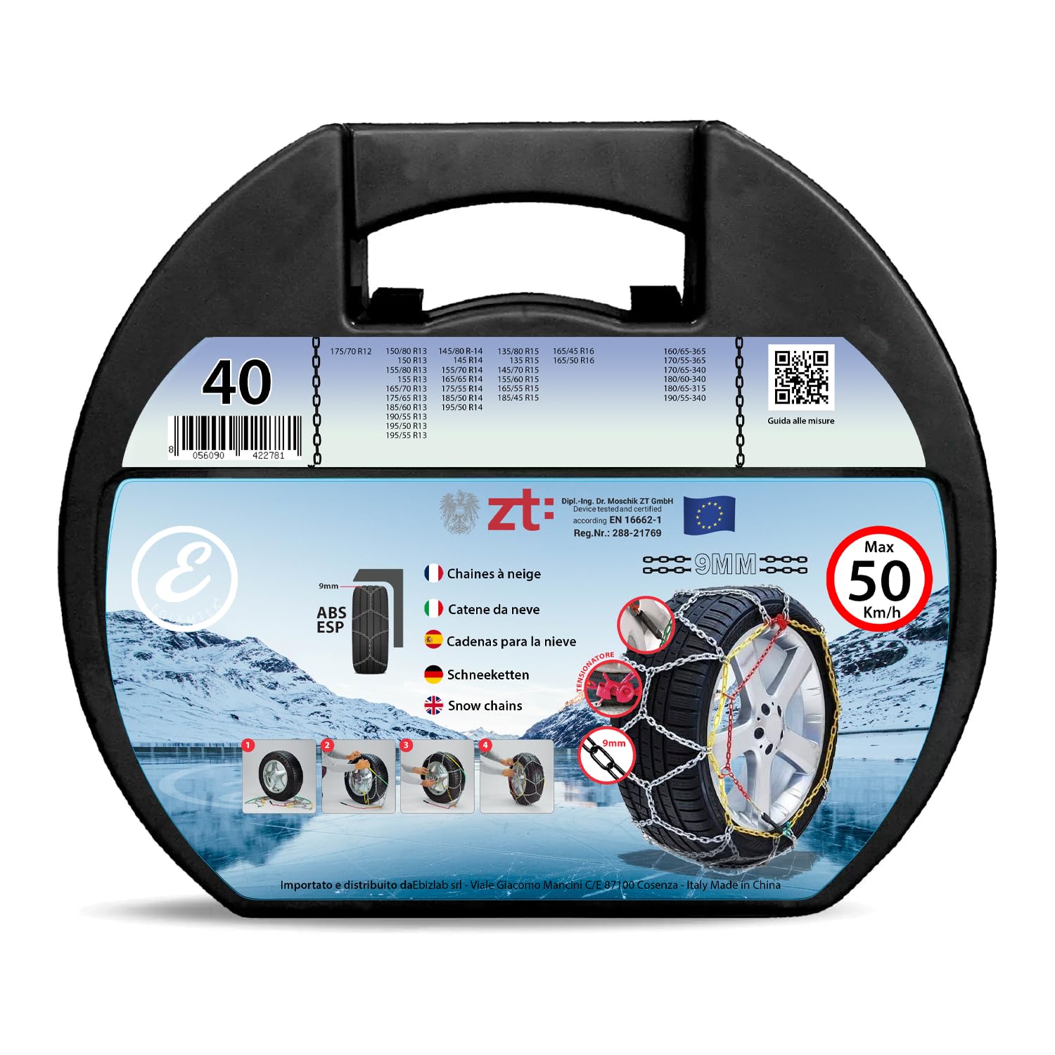 Catene Da Neve In Metallo 9 mm Omologate TUV e GS Onorm Montaggio Rapido Per Auto Macchina Furgone SUV Con Tensionatore Autobloccante (Misura 40)