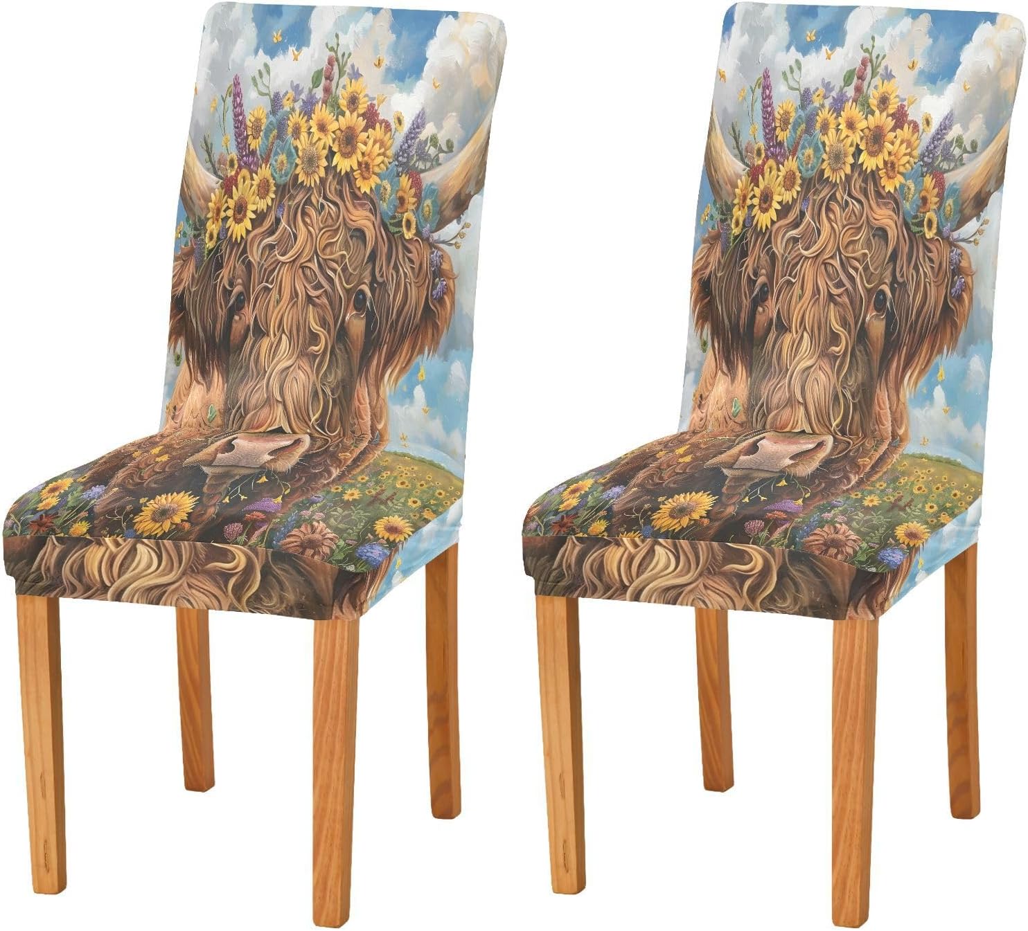 ALAZA Chair Covers for Dining Room, Wreath Wearing Highland Cow Stretch Chair Cover Sets Chair Protector Removable Washable for Ktichen Restaurant Hotel