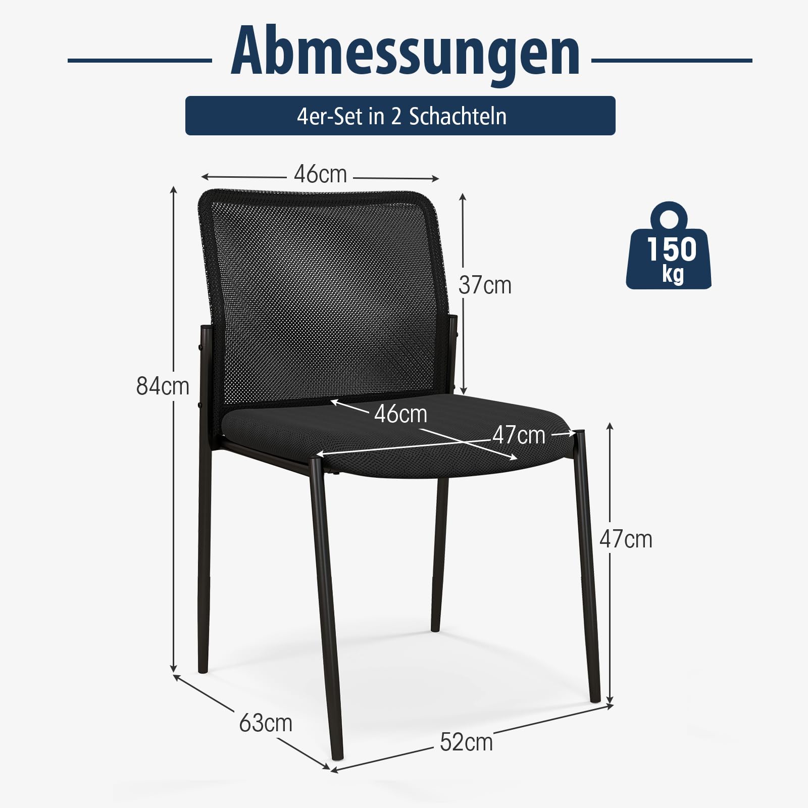 COSTWAY Konferenzstühle 2er Set, stapelbare Besucherstühle ohne Armlehnen, Bürostühle bis 150 kg belastbar, für Büro, Konferenz, Empfang, Schwarz