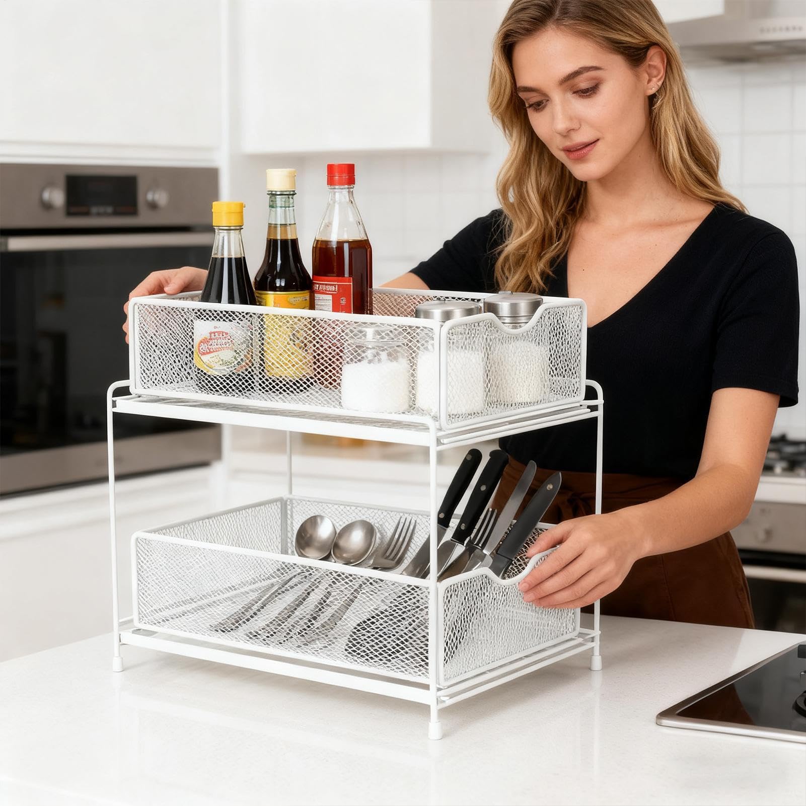 Organizator Pod Zlewem Kuchennym 2-Poziomowa Szuflada Magazynowa | Organizer Pod Zlewem Wielofunkcyjny Półka Magazynowa Do Łazienki Blatu Spiżarni Domu Mieszkania Gąbki Słoików Na Przyprawy