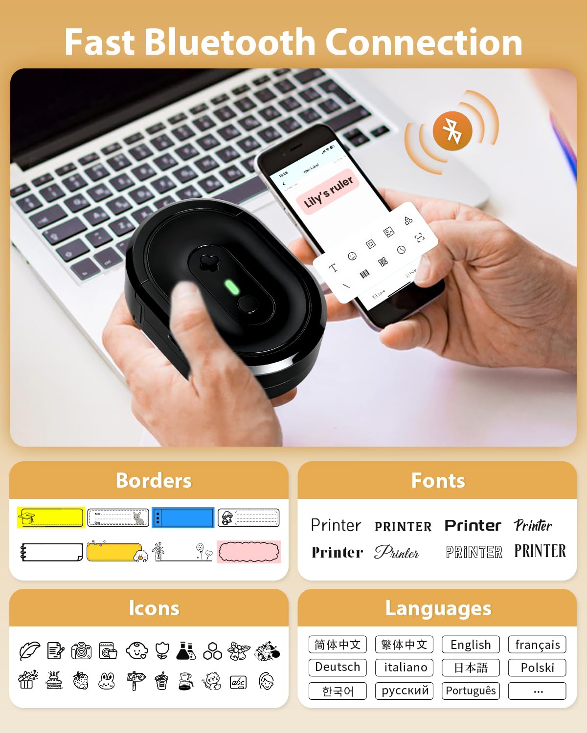 Etichettatrice con nastro, N12 Stampante per etichette Bluetooth portatile, mini etichettatrice wireless adesiva termica con più modelli per casa, cucina, scuola, organizzazione ufficio, nero